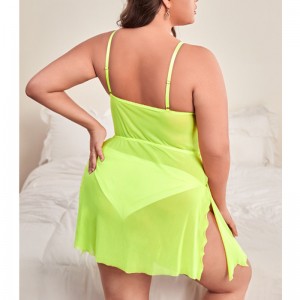 Blomsterbroderi Mesh Slit lår Cami Nighties Sexet mesh Natkjole