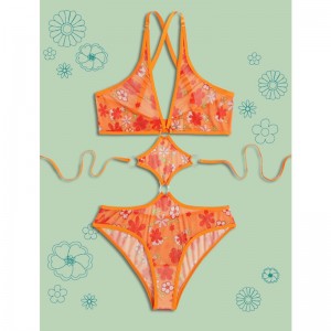 Blomsterprint Teddy Bodysuit Sexy Bandage Lingerie Set