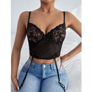 Solid kontrast Mesh Sheer Lace Cami Top med et par strømpebånd