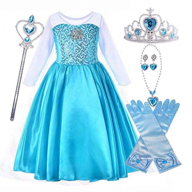 Snow Party Queen Halloween kostume blå langærmet Snow Queen Sequin Elsa kjole til piger med tilbehør HCGD-006