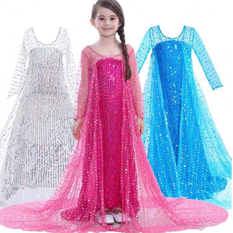 Elsa Dress Kids Girls Costume Snow Queen 2 Elsa Blue Pink Sequined Long Sleeve Dress TV&Film kostumer til piger