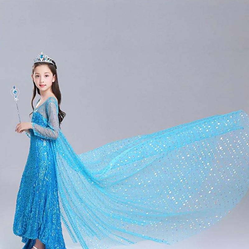 Elsa Dress Kids Girls Costume Snow Queen 2 Elsa Blue Pink Sequined Long Sleeve Dress TV&Film kostumer til piger