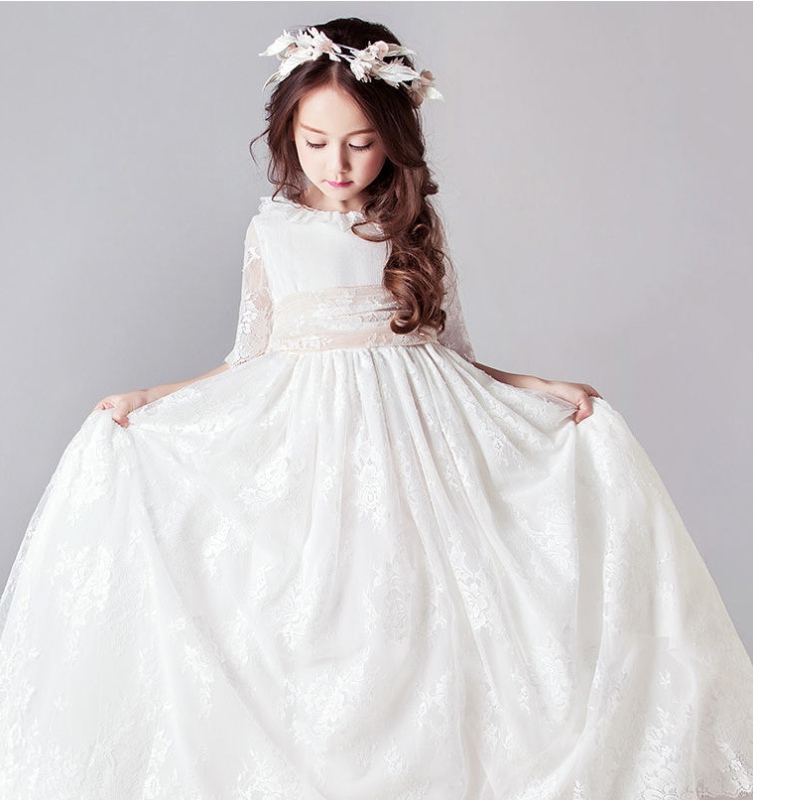 Lange hvide kjoler til børn piger prinsesse elegante bryllup gæstebørn brudepige blonder kjole fest aften kjole 3 6 14 år