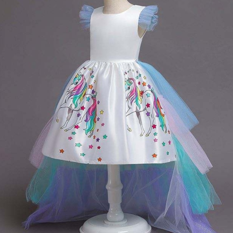 2020 sommerbørn ærmeløs regnbue prinsesse fødselsdagsfest enhjørning puffy kjole med pandebånd djs100