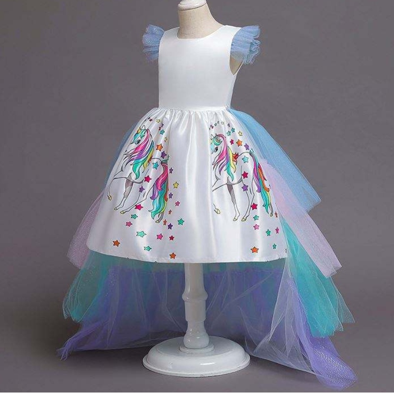 2020 sommerbørn ærmeløs regnbue prinsesse fødselsdagsfest enhjørning puffy kjole med pandebånd djs100