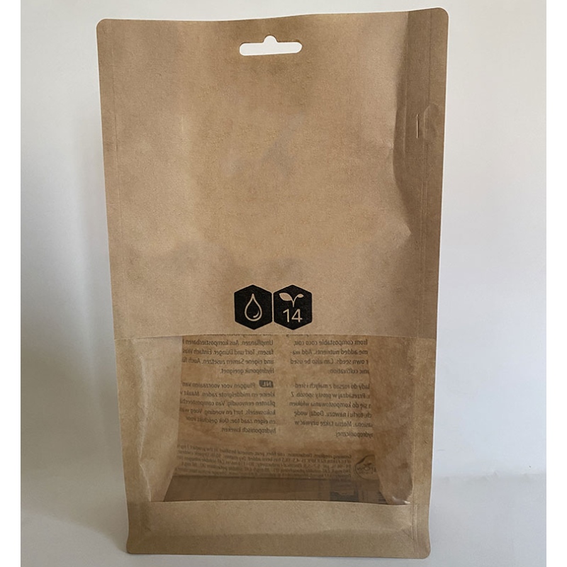 Trykt Kraft Paper Pouch med side til side rektangulært vindue