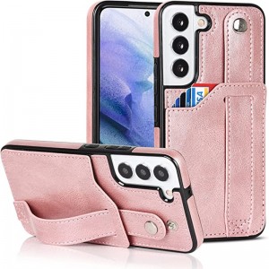Designet til Samsung Galaxy S22 5G tegnebog med justerbar håndledsrem Kickstand Pu Leather Credit Card Heavy Duty Shockproof Hybrid Rugged Protective Cover for Women Men 6,1 tommer lyserød