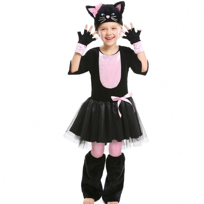 Piger Kitty Costume Halloween Dress Up Black Cat Costume til børn 4-12y DGHC-069