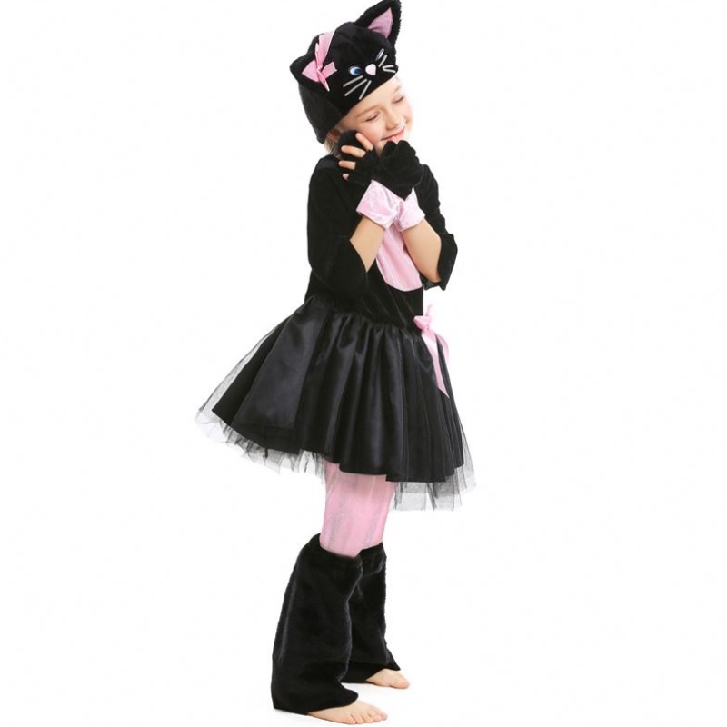 Piger Kitty Costume Halloween Dress Up Black Cat Costume til børn 4-12y DGHC-069
