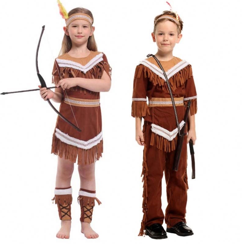2022 Børn Indisk prinsesse Huntress Children Brown Fringed Boy Girls Indian Costume
