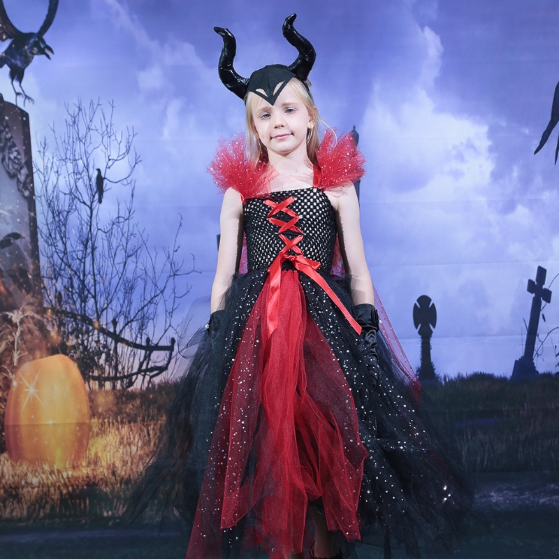 Amazon Hot Selling Kids Girls Deluxe Halloween Vampire Witch Costume Fairy Princess Evil Tutu Dress Horns Peadband