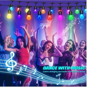 48ft farve skiftende udendørs strenglamper, 15 LED -pærer Shatternsof dæmpbar, IP65 Vandtæt, RGBW Blinkende strenglamper med RF -fjernbetjening, dekorative lys til gårdhave