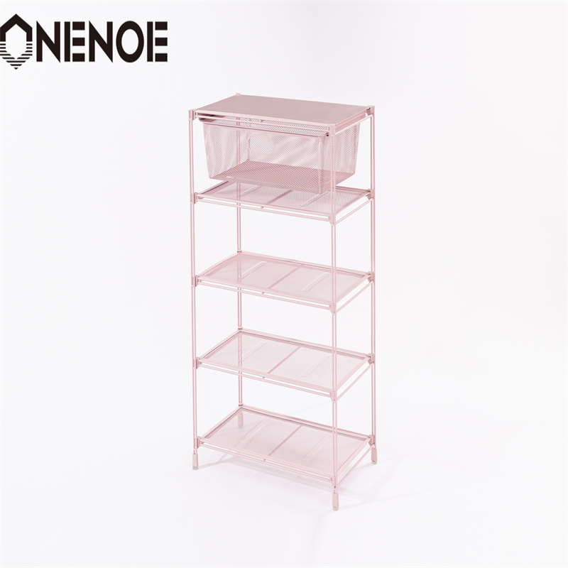 OneNoe Simple Small Wire Metal Mesh Stackable Opbevaringssko Hylder tøjstativhylder bogreol hylder med 5-lags til hotel supermarked shoppingbutik