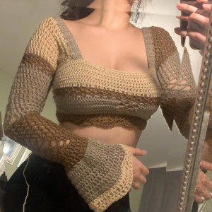 Kvinder hæklet strik mesh sweater firkantet hals langærmet farve blok pullover afgrøde toppe bluse toppe bagfra bind tees sweater