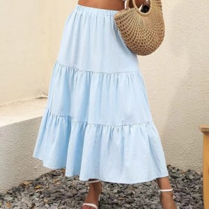 Kvinders sommer boho elastisk talje plisseret a-line flowy swing lagdelt long strandnederdel kjole med lommerskirt