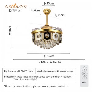 K013 Lysekrone Loftventilator med lys med fjernbetjening 42 tommer 3 Farve med højttaler Crystal Fan Chandelier