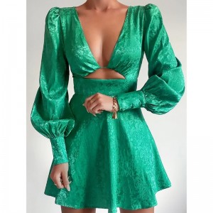 V-hals hule jacquard kjole lanterne ærme kort kjole forår vintage stil a-line kjole