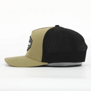 Brugerdefineret 5 panel Vandtæt Army Green Polyester Laser Cut Hole Sports Hat, Perforated Golf Gorras, Rubber Patch Logo Baseball Cap