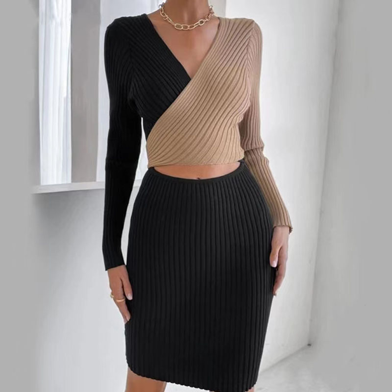 OEM Fashion Design Fancy Sexy Style Sweater Dress 7gg V Neck Anti-Pilling Hip Hop Knit Young Women Sweater Dress