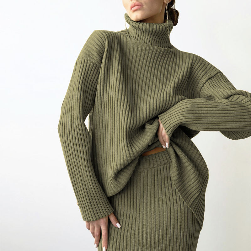 Winter New Fashion Custom Women\'s Warm Turtleneck Pullover Knitted Midi Nederdel 2 Stykke Suit Women \\\\ \'snederdel sweater