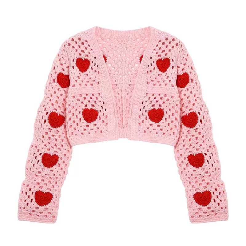 Hollow-out hæklet kort kvindelig sweater elsker broderi strikende cardigan sweater
