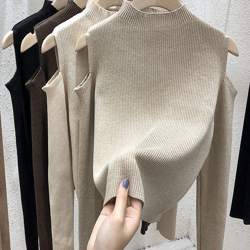 2023 Ny mode Kvinder Vintertrøje Koreansk Fast farve Off-the-Shoulder Langærmet Top Base Shirt Sweater