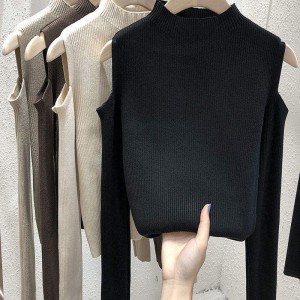 2023 Ny mode Kvinder Vintertrøje Koreansk Fast farve Off-the-Shoulder Langærmet Top Base Shirt Sweater