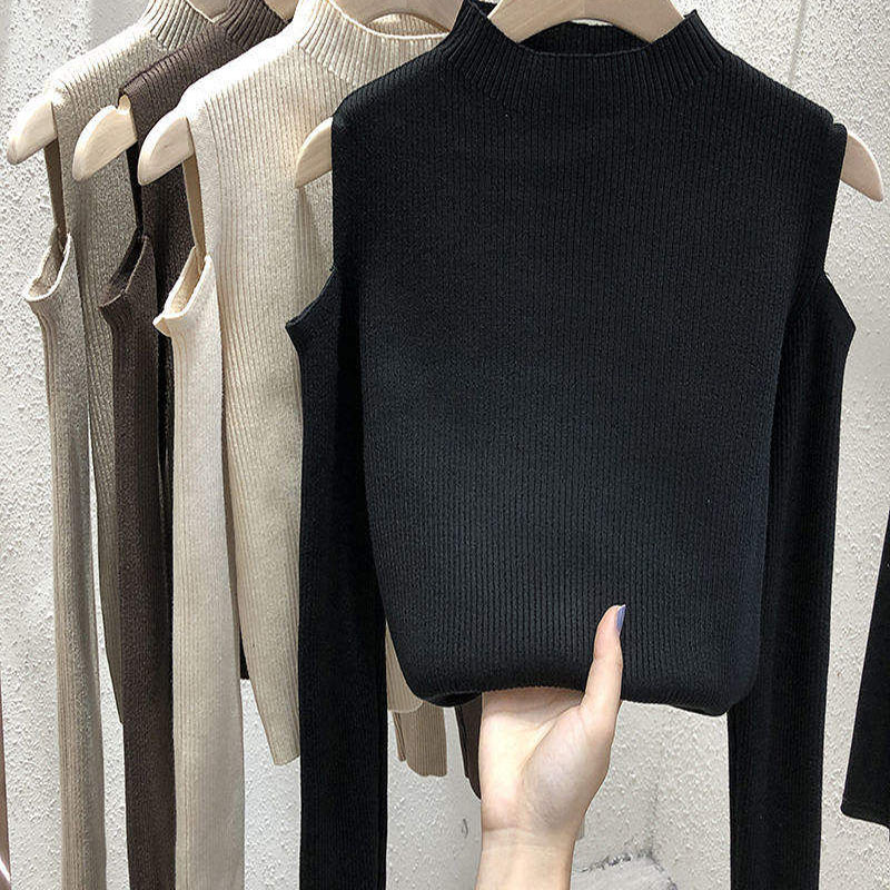 2023 Ny mode Kvinder Vintertrøje Koreansk Fast farve Off-the-Shoulder Langærmet Top Base Shirt Sweater