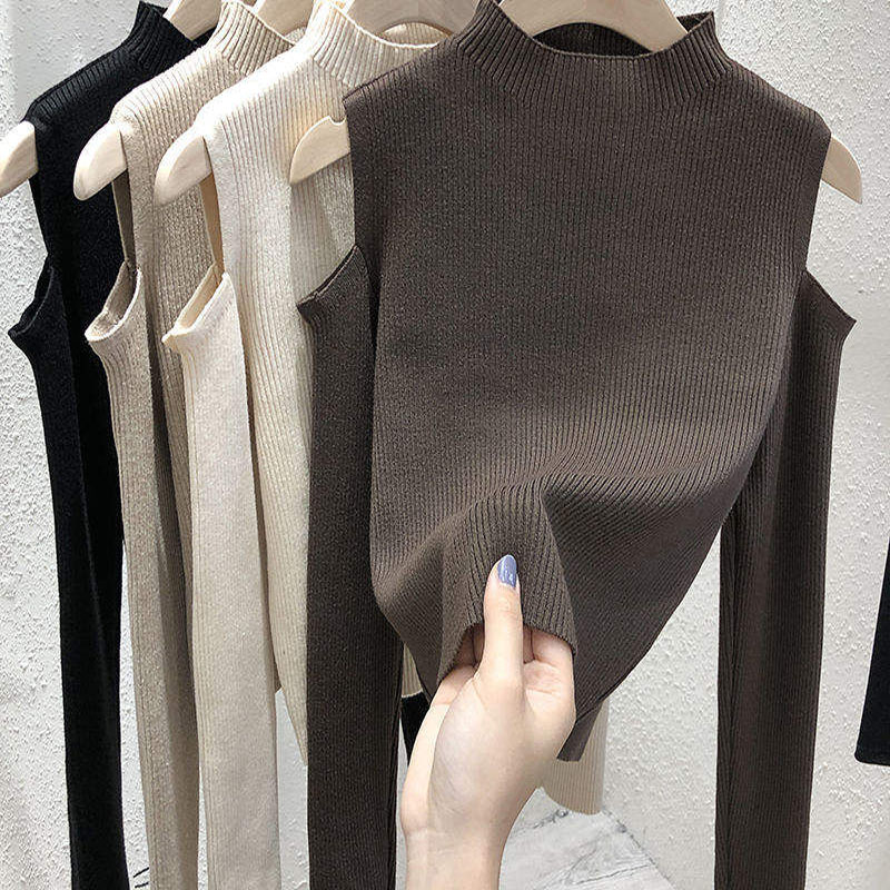 2023 Ny mode Kvinder Vintertrøje Koreansk Fast farve Off-the-Shoulder Langærmet Top Base Shirt Sweater