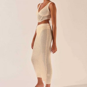 2023 Nye kvinders tøjhækling Hollow Strik v-hals ærmeløs vestafgrøde top sexet hoftenederdel 2 stykke dragt kjole sweater