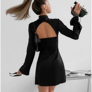 Ny stil stand krave slank langærmet åben bagkort kjole