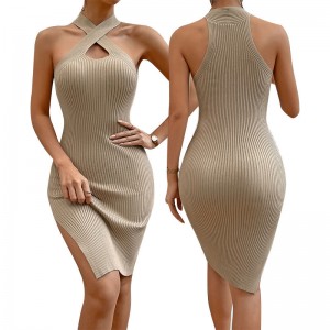 Sommerskodning Kvinder Knit Dress Sexy Neck Design Kvinder Solid Color Slip Kjoler Lady Nederdel Knittet sweater kjole