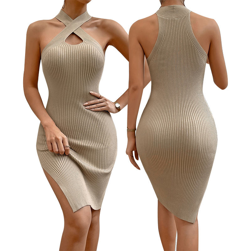 Sommerskodning Kvinder Knit Dress Sexy Neck Design Kvinder Solid Color Slip Kjoler Lady Nederdel Knittet sweater kjole