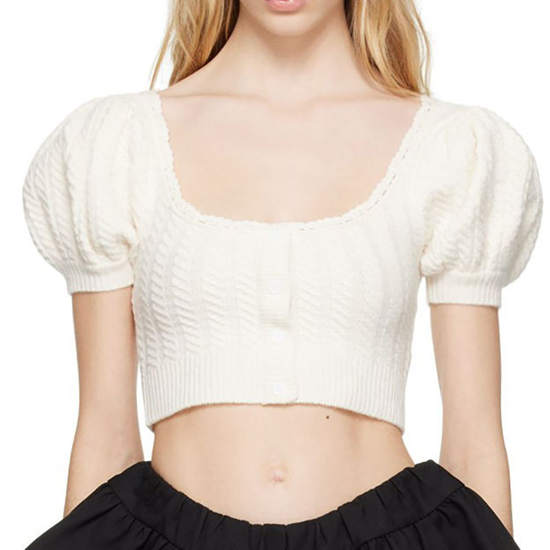 Uld sweater 2023 Sommer Ny Lav besætning Hals Ribbet strikket Hem Bubble Sleeve Pullover Sweater