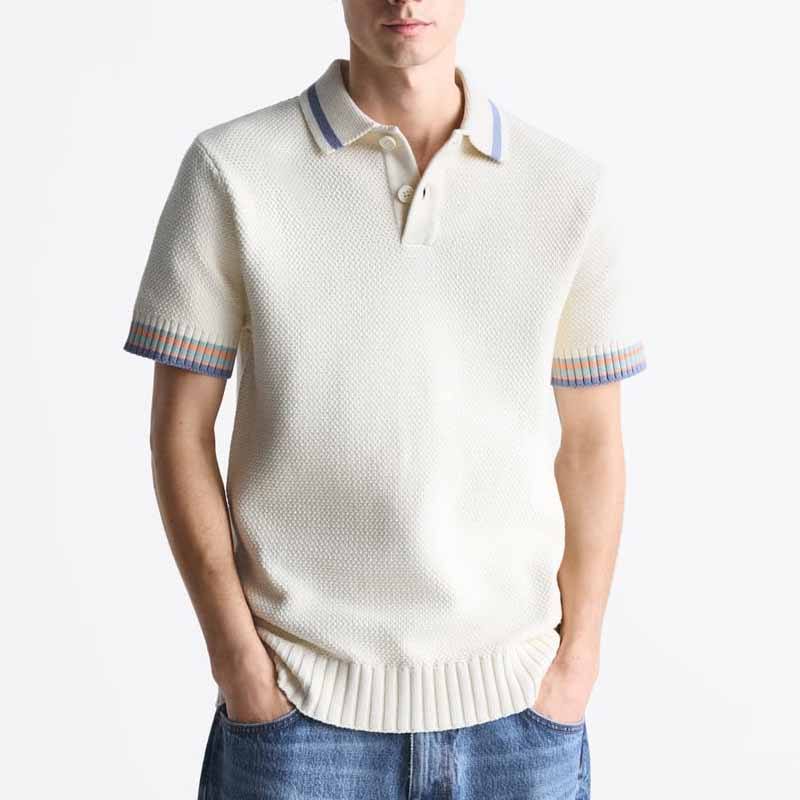 Polo shirt mand top bomuld strikket mænd letvægtsstribede ærmer polo sweater