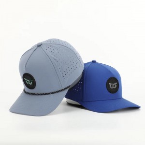 Ny mode tilpasset PVC Patch Logo 5 Panel Vandtæt polyester Sport Golf Hat, Laser Cut Perforated Dad Gorras, Rope Baseball Cap