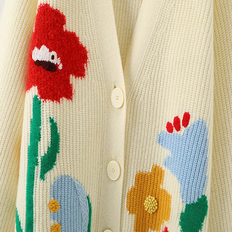 Designer Kvinders sweatere brugerdefinerede overdimensionerede v-hals strikket broderi damer jacquard løs cardigan sweater kvinder til kvinde