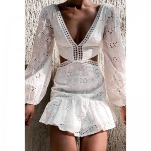 Seaside Resort Style Sexet Waistless V-hals Lace Hollow Ruffle kjole hvid lille kort kjole