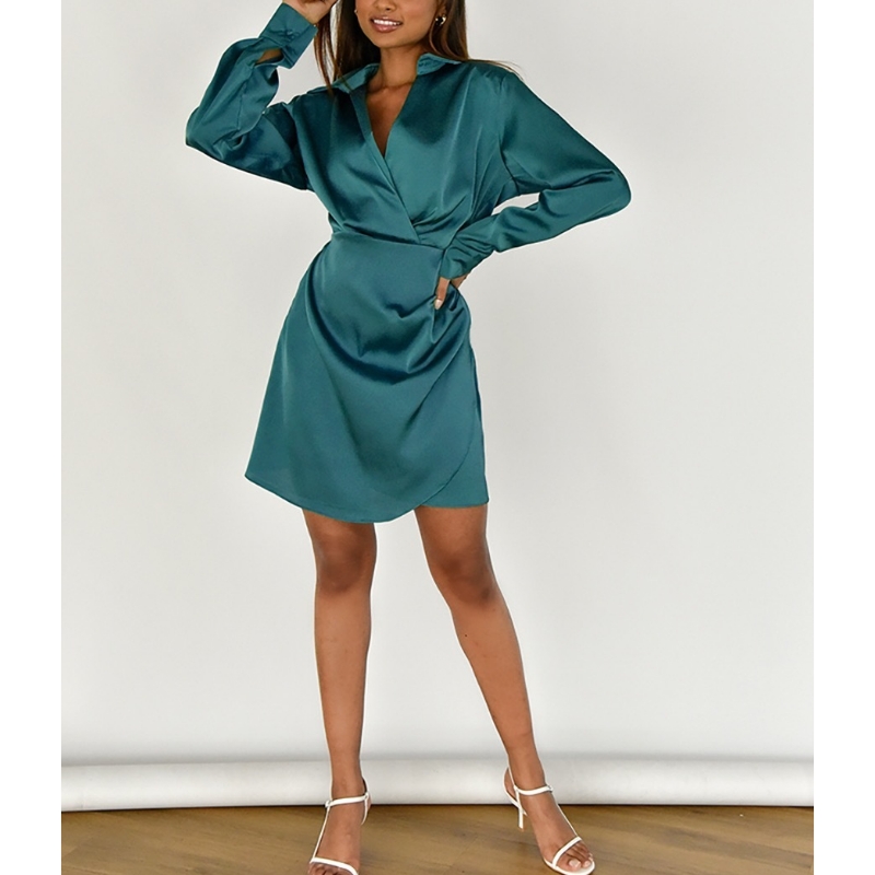 Satin Sexet i høj kvalitet V-hals Wrap A-linenederdel