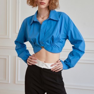 Design Sense Pleating Slim Short Cotton Sense Shirt Blouse Kvind