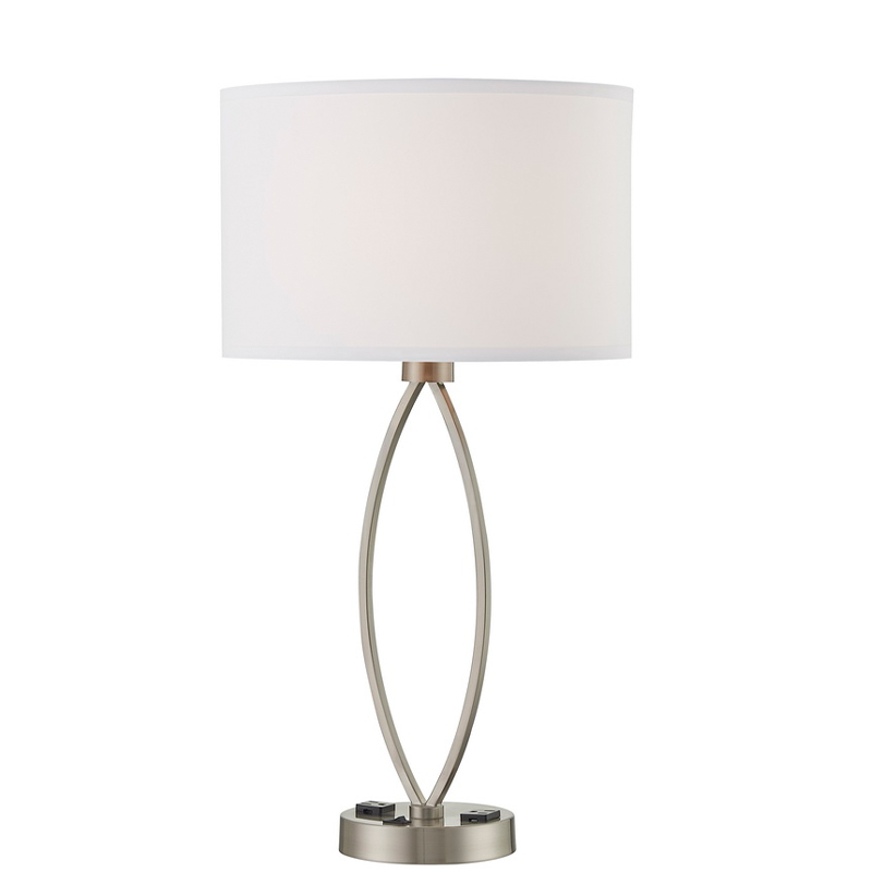 Sov en let bordlampe med børstetnikkel finish, en på/off rocker switch og to forretninger i værelse