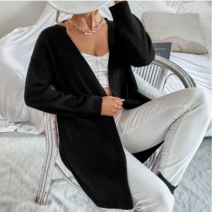 Efterårskvinder sweater frakke løs sort daglig lang strikket cardigan