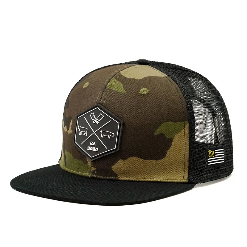 Engros tilpasset hip hop camo snapback mesh broderet patch logo brugerdefineret 6 panel flad brændsel trucker cap og hat