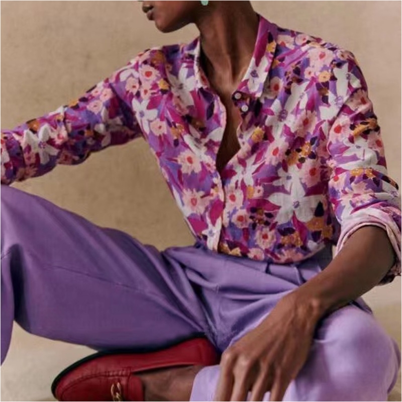 Ny fransk elegant moderne trykt mønster, der flyder silke og bomuldsblanding langærmet tynd skjorte