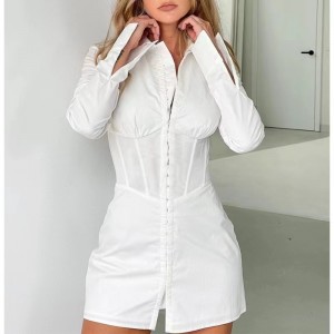 Europæisk og amerikansk stil mode talje langærmet kjole polo krave hvid skjorte kjole