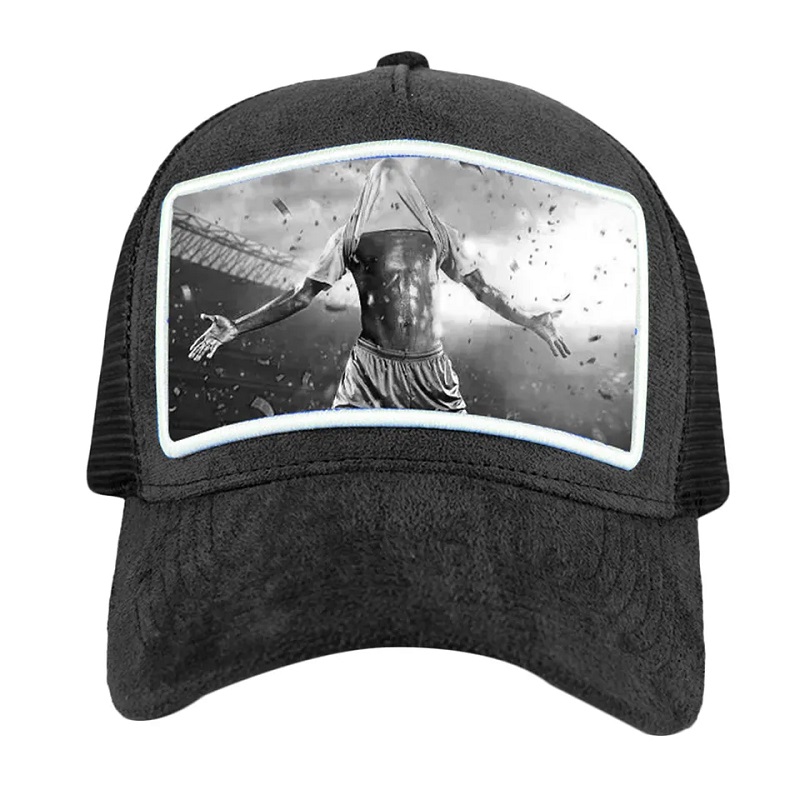 Engros høj kvalitet mesh brugerdefineret fløjls trucker cap 5 paneler brugerdefineret applikationsbroderi sort fløjl trucker hat