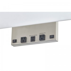 Eagles Landing Hotel Rektangulær væglampe med børstetnikkelfinish, to på/off -rockerafbrydere, to praktiske forretninger og en dobbelt USB -port på hotellets værelse