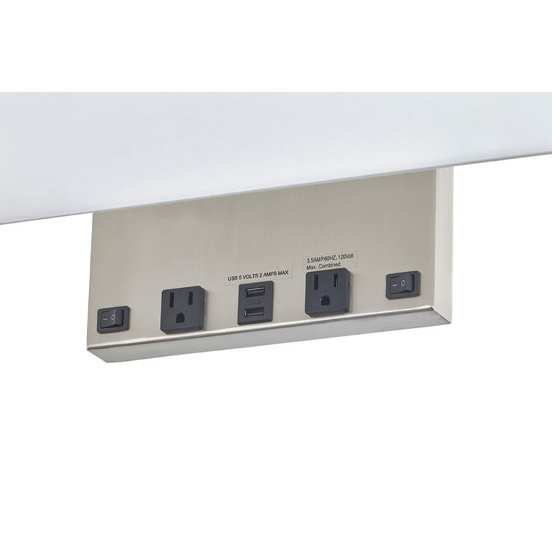 Eagles Landing Hotel Rektangulær væglampe med børstetnikkelfinish, to på/off -rockerafbrydere, to praktiske forretninger og en dobbelt USB -port på hotellets værelse