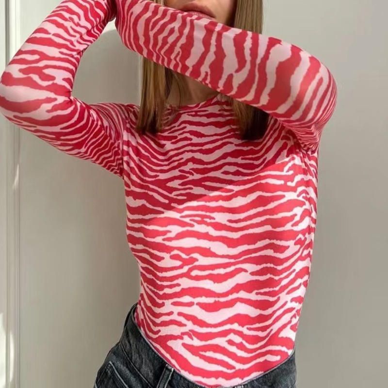 Europæisk og amerikansk stil rund hals zebra print t-shirt slank stribet bundtrøje