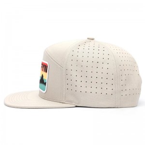 Engros brugerdefineret høj kvalitet 7 panel fladt Brim Printed Patch Logo Luxury Snapback Caps, Laser Cut Hole Perforated Herre Hat